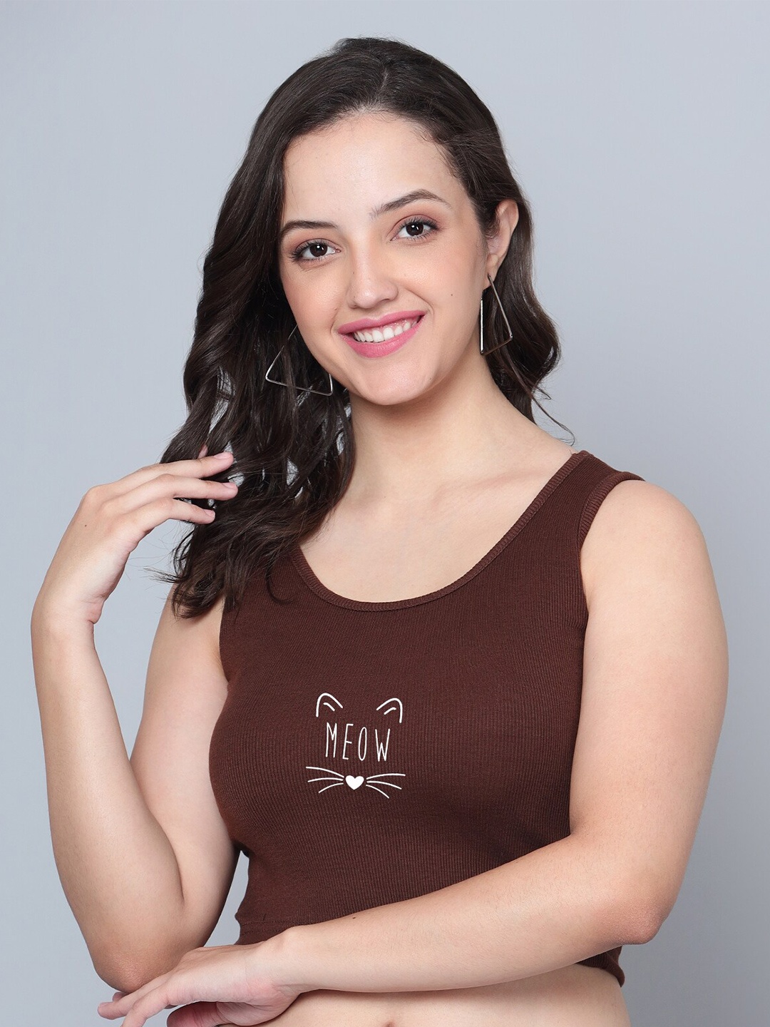 

Fashion And Youth Graphic Printed Crop Top, Coffee brown