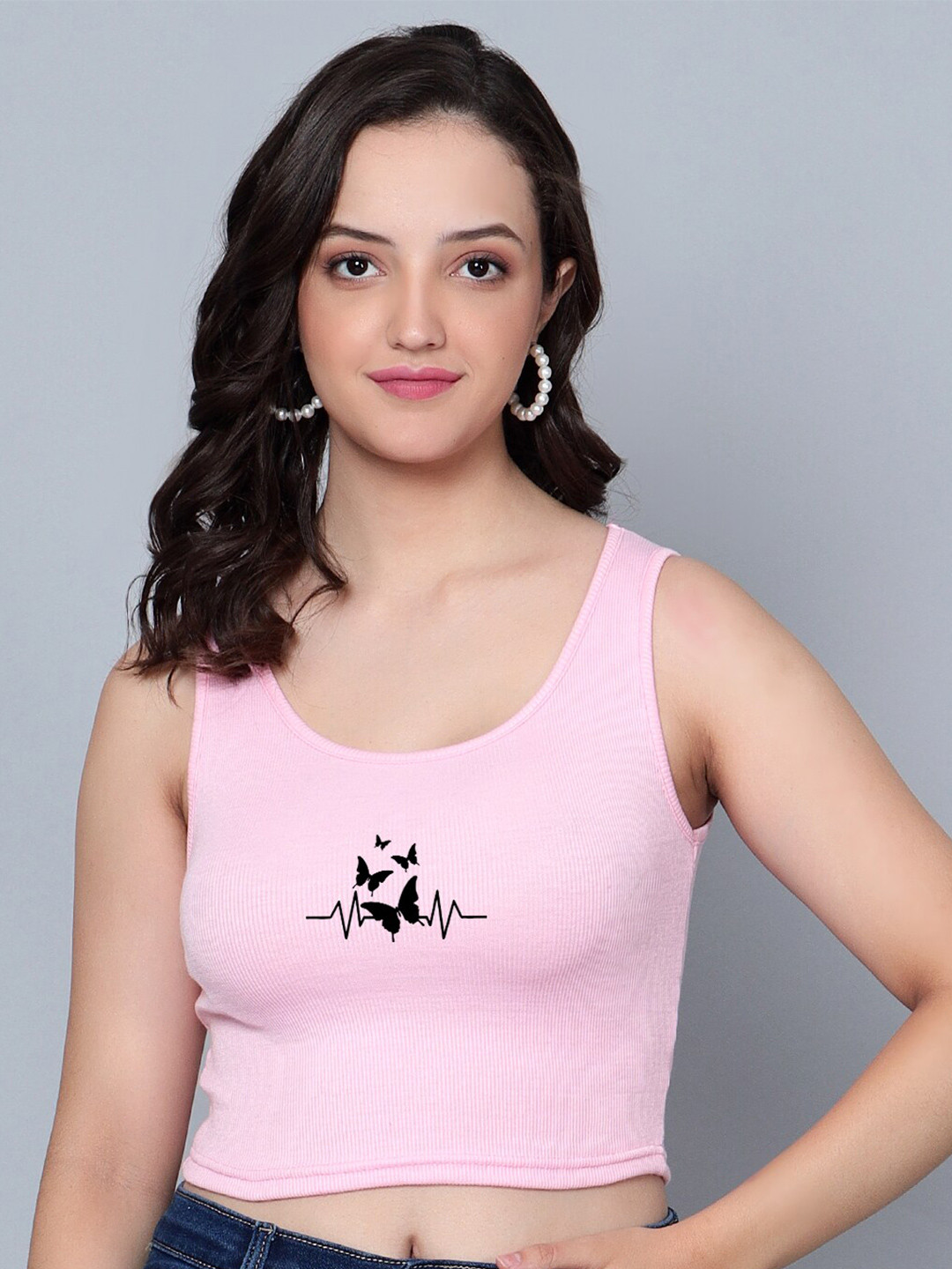 

Fashion And Youth Graphic Print Round Neck Fitted Crop Top, Pink