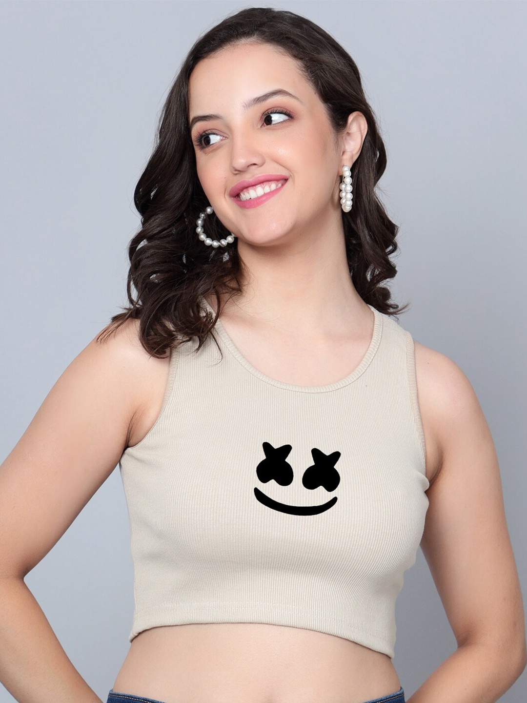 

Fashion And Youth Marshmellow Printed Round Neck Tank Crop Top, Beige