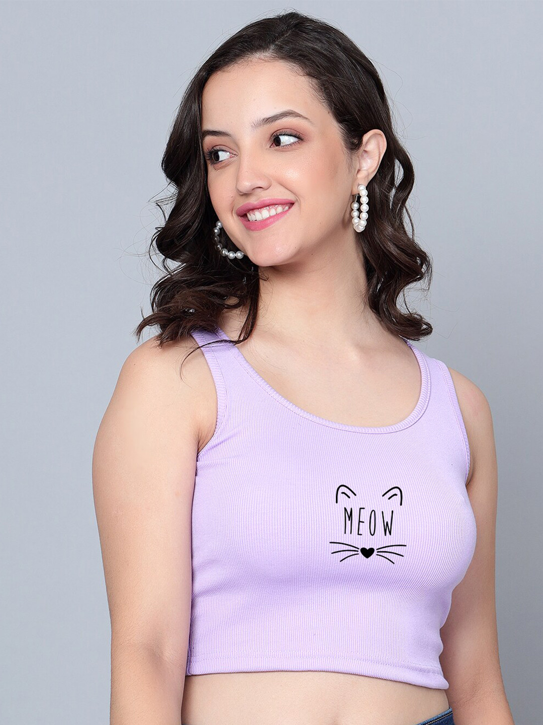 

Fashion And Youth Round Neck Typography Printed Crop Tank Top, Lavender