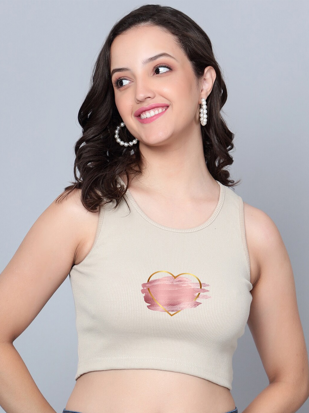 

Fashion And Youth Graphic Printed Fitted Crop Top, Beige