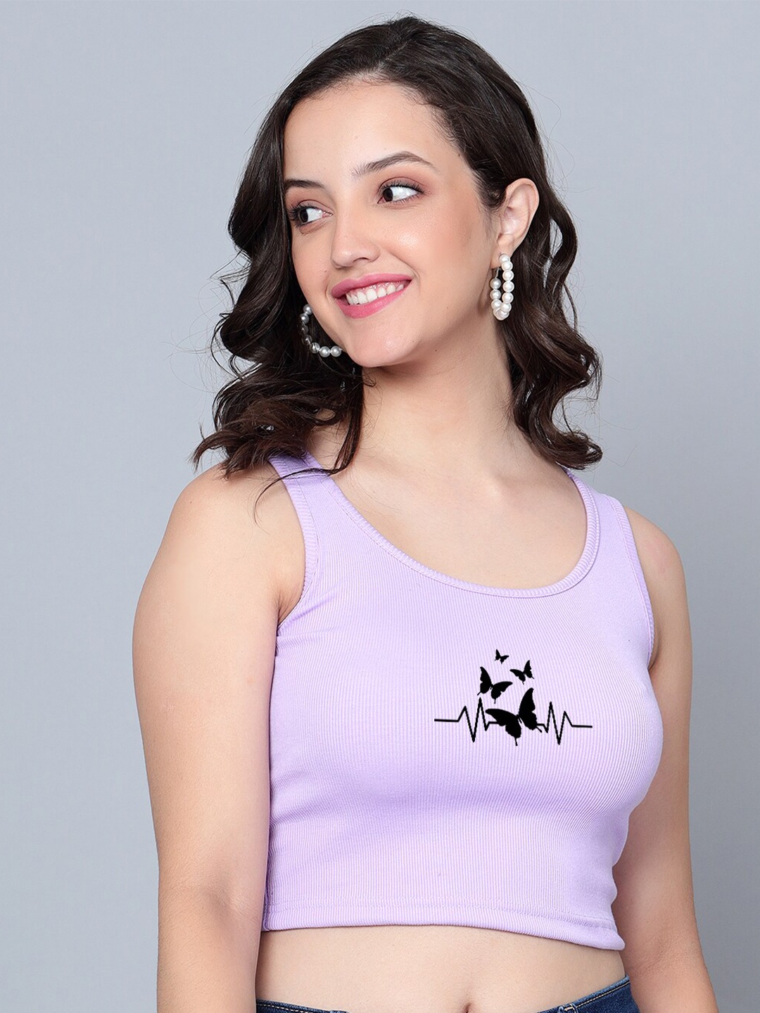 

Fashion And Youth Graphic Printed Round Neck Sleeveless Fitted Crop Top, Lavender