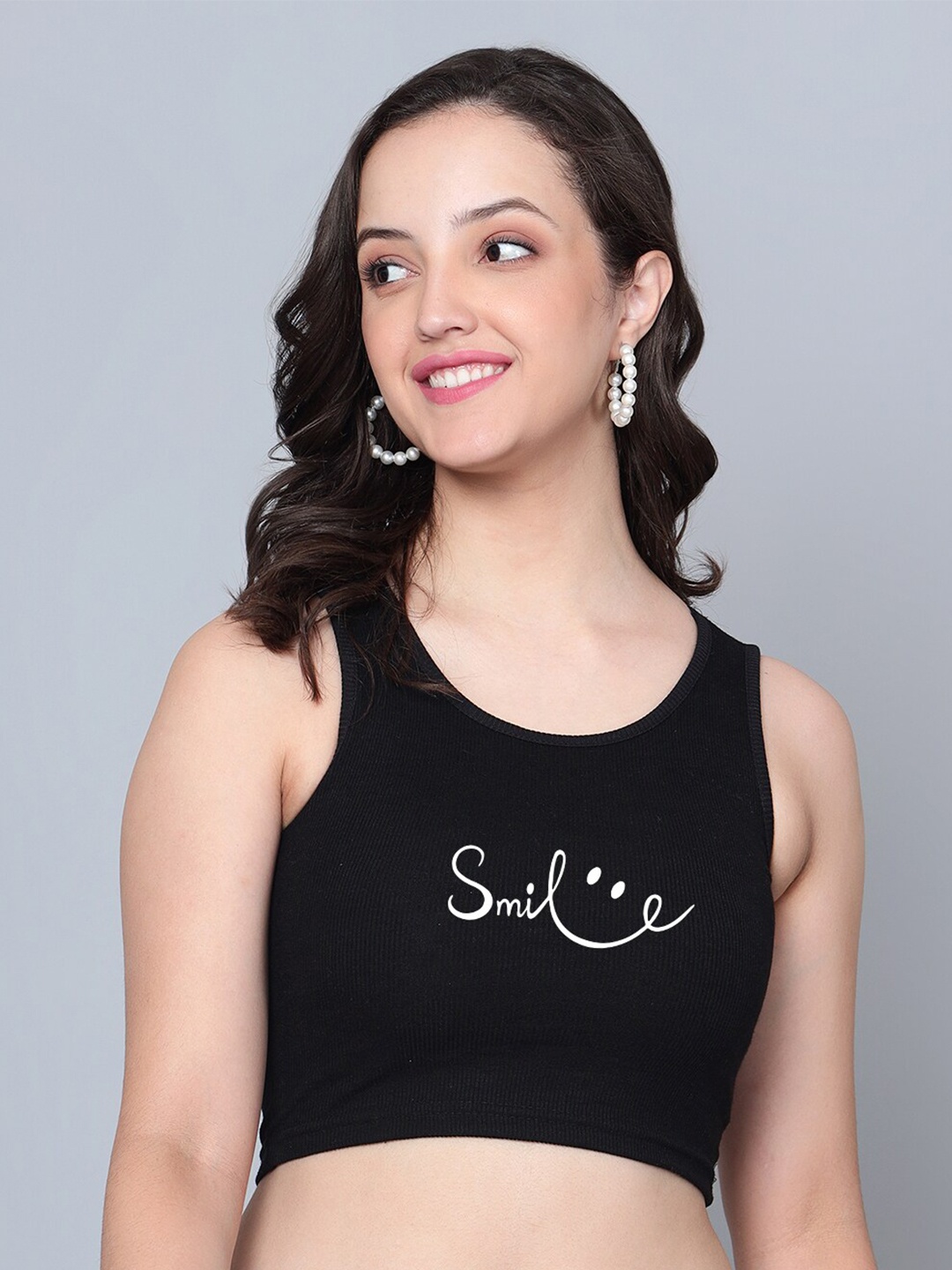 

Fashion And Youth Smile Printed Round Neck Tank Crop Top, Black