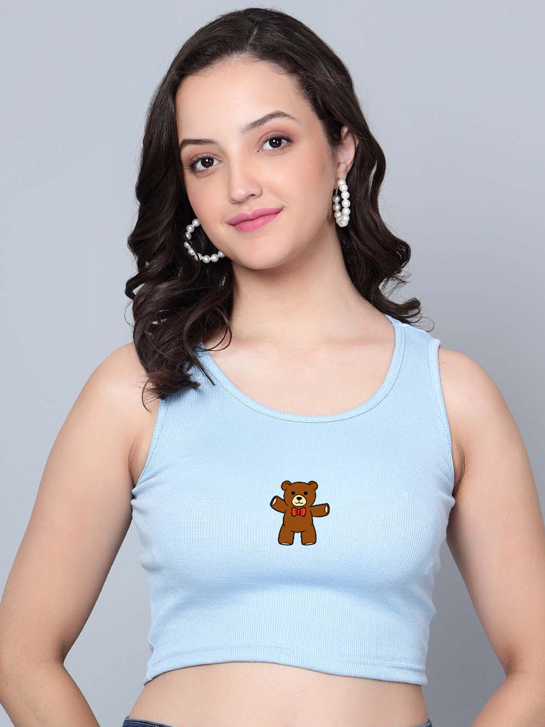 

Fashion And Youth Printed Round Neck Tank Crop Top, Turquoise blue