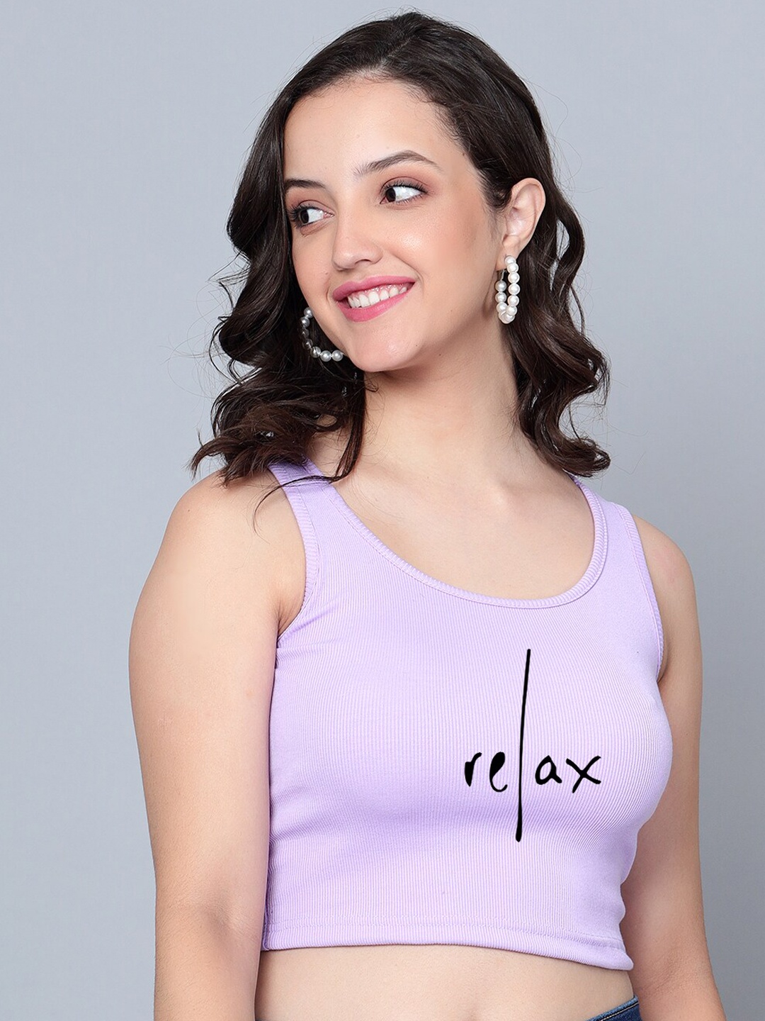 

Fashion And Youth Typography Printed Round Neck Sleeveless Fitted Crop Top, Lavender