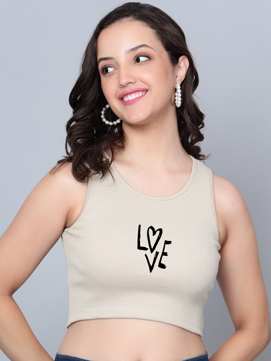 

Fashion And Youth Cotton Round Neck Sleeveless Crop Fitted Casual Top, Beige