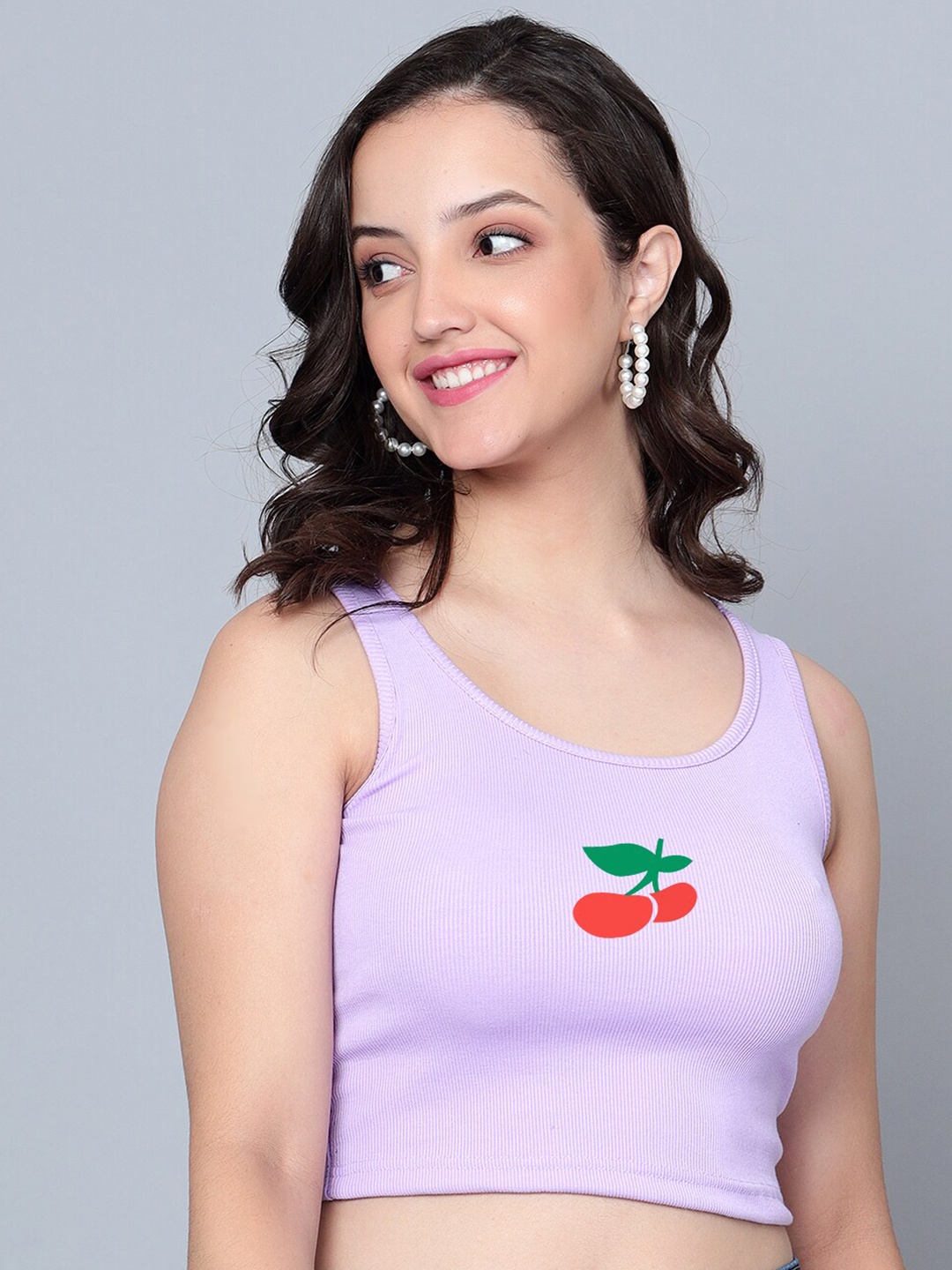 

Fashion And Youth Cherry Printed Round Neck Tank Crop Top, Lavender
