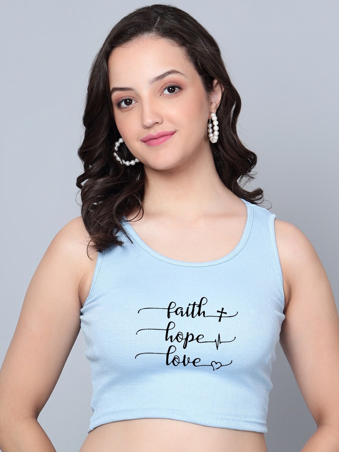 

Fashion And Youth Typography Printed Round Neck Sleeveless Crop Top, Turquoise blue