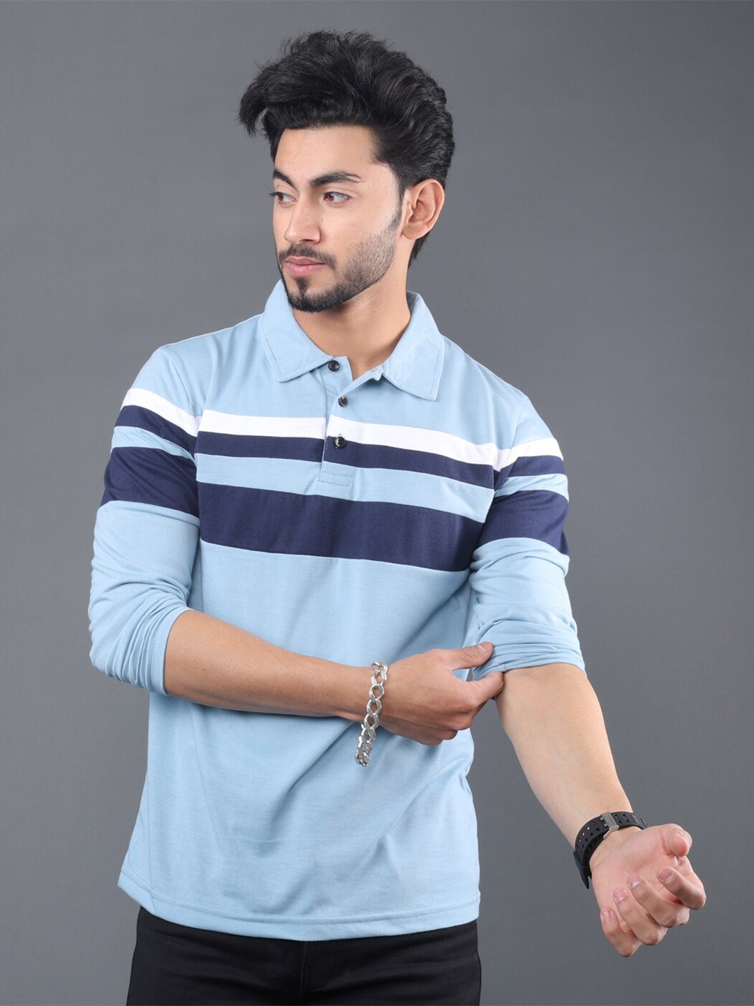 

Eyebogler Striped Polo Collar Cotton T-shirt, Blue