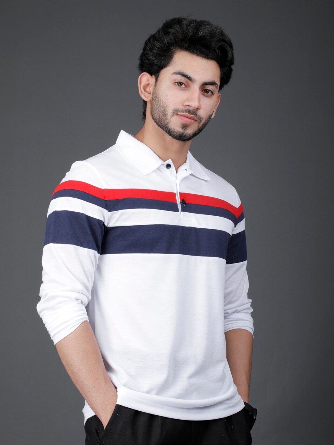 

Eyebogler Striped Polo Collar Cotton T-shirt, White
