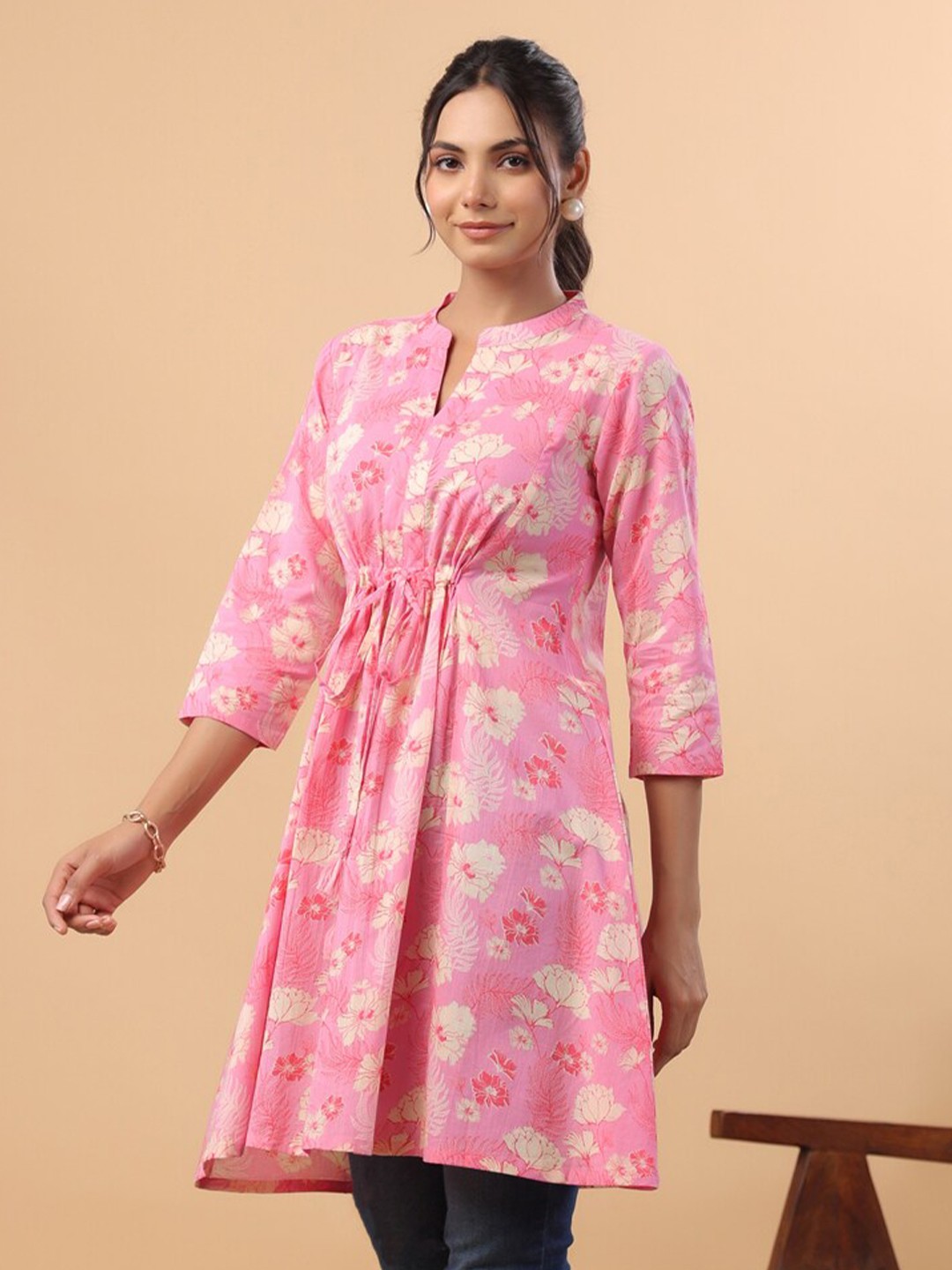 

Janasya Floral Printed Mandarin Collar Tie-Ups Cotton A-Line Tunic, Pink