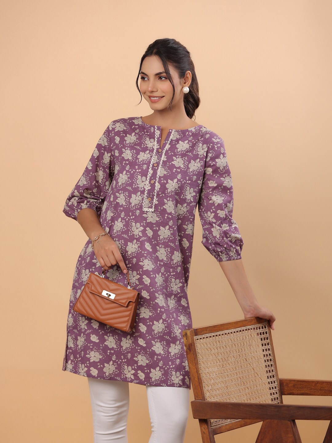 

Janasya Women's Purple Cotton Floral Regular Tunic