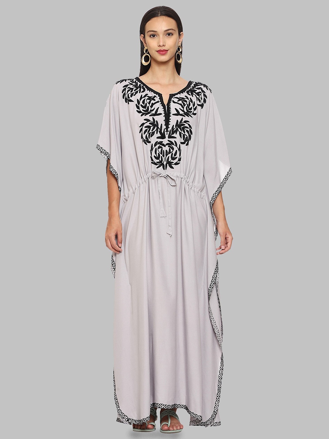 

CRAFTBAZAR Floral Embroidered Kaftan Dress, Grey