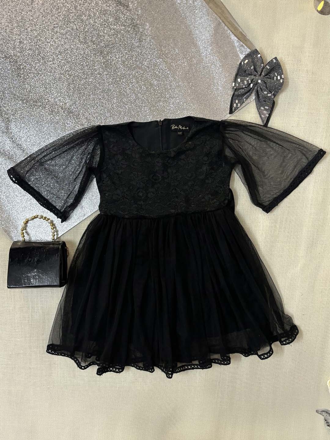 

Bella Moda Girls Satin Round Neck Bell Sleeves Fit & Flare Casual Dress, Black
