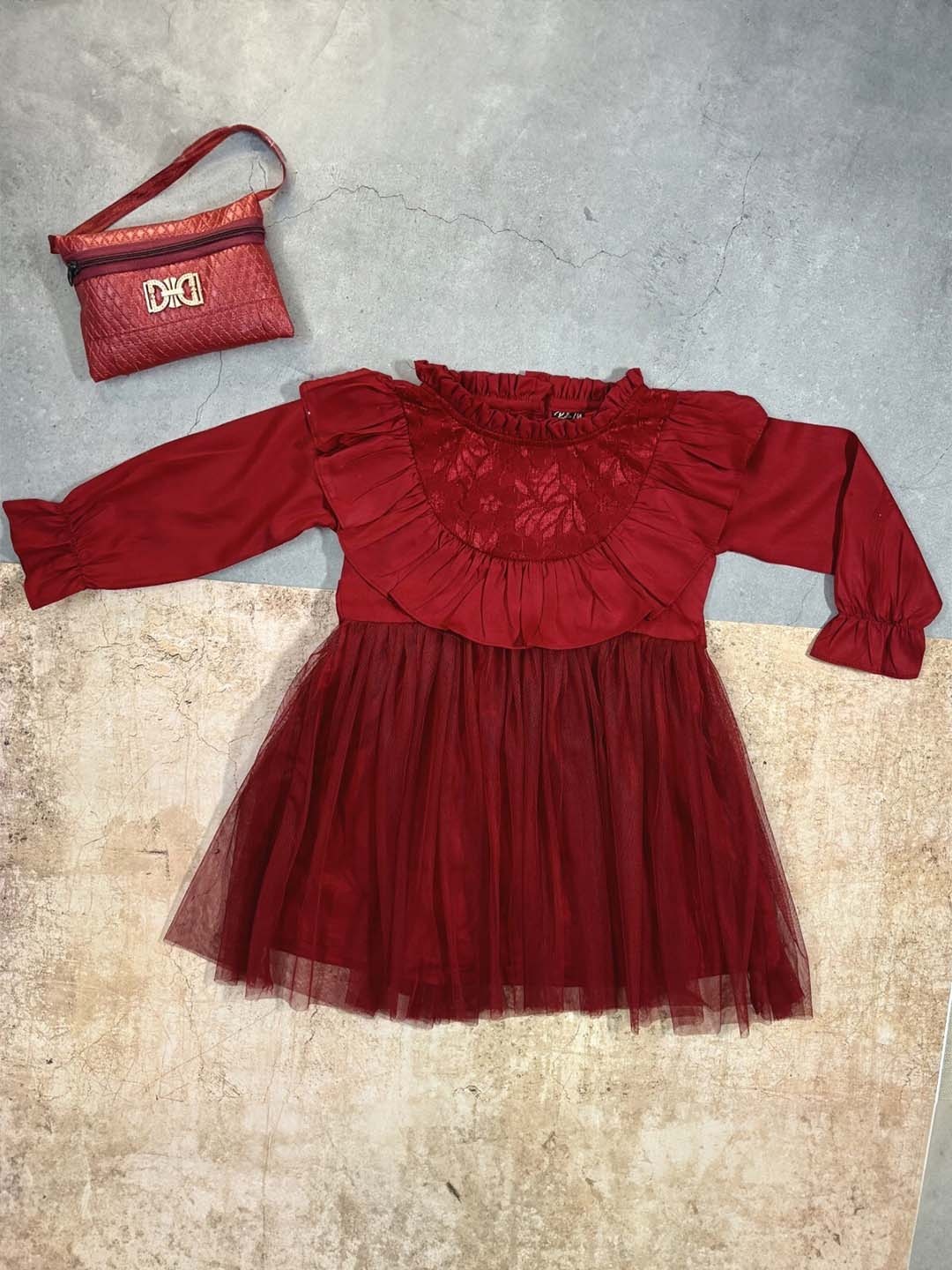 

Bella Moda Girls Satin Round Neck Long Sleeves Fit & Flare Casual Dress, Maroon
