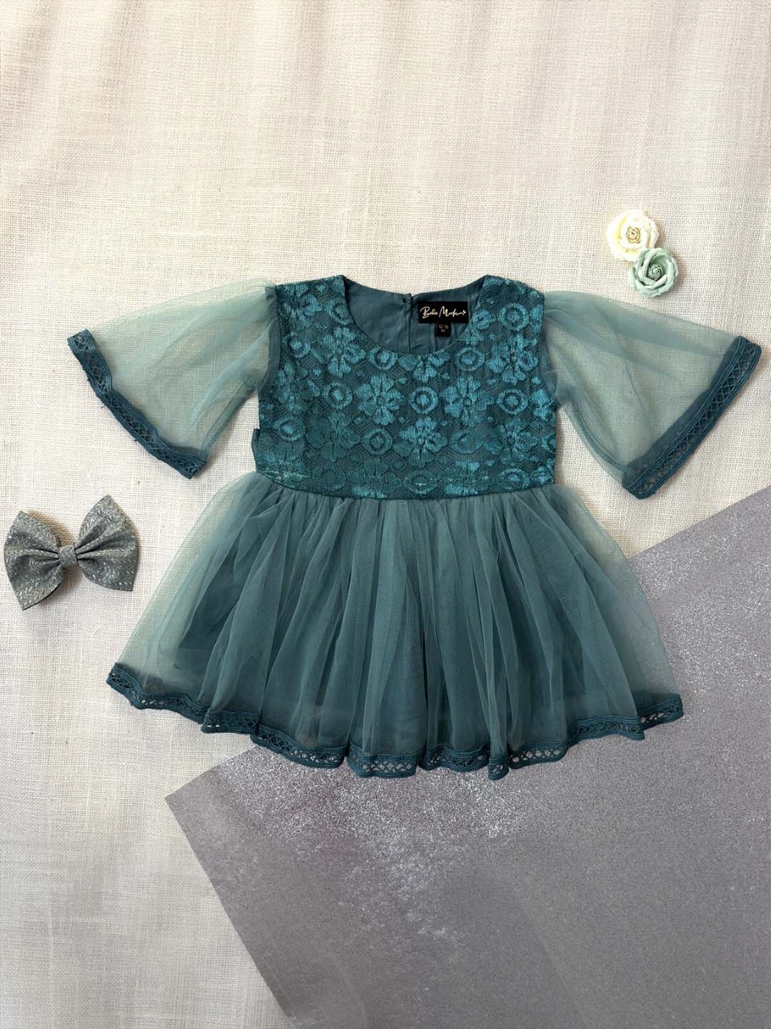 

Bella Moda Girls Self Design Satin Round Neck Bell Sleeves Fit & Flare Casual Dress, Blue