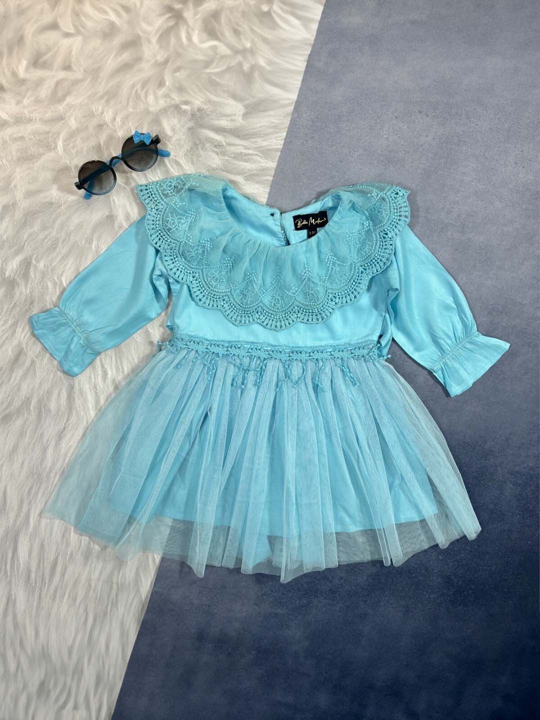 

Bella Moda Girls Satin Round Neck Three-Quarter Sleeves Fit & Flare Casual Dress, Blue