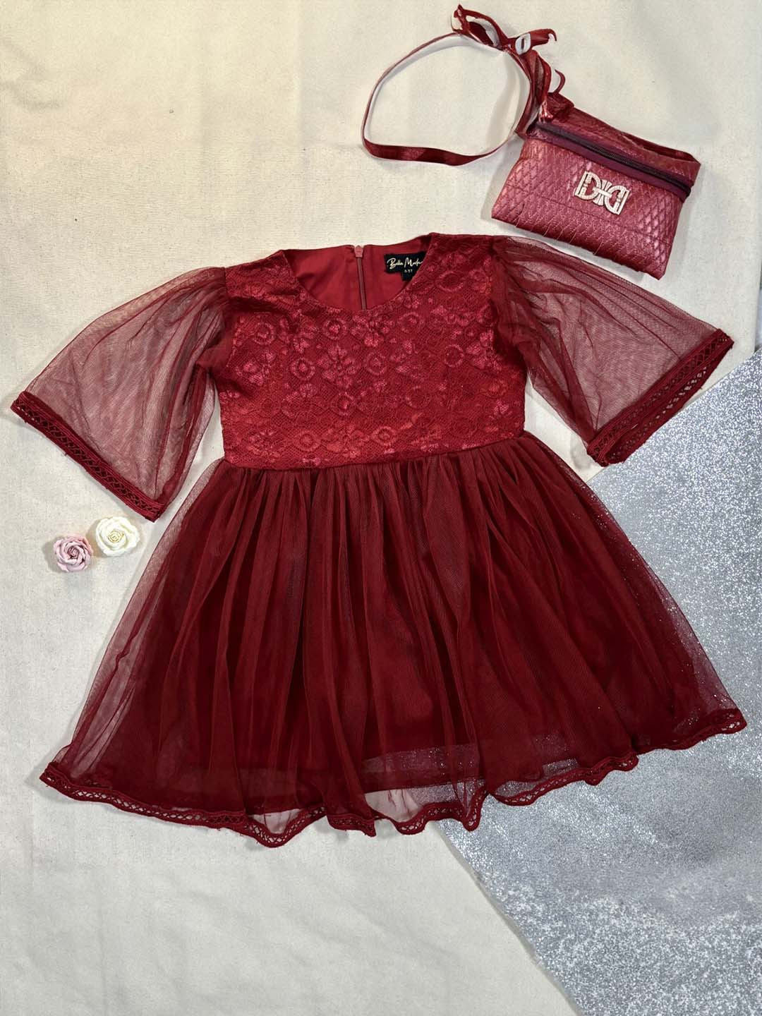

Bella Moda Girls Satin Round Neck Long Sleeves Casual Fit & Flare Dress, Maroon