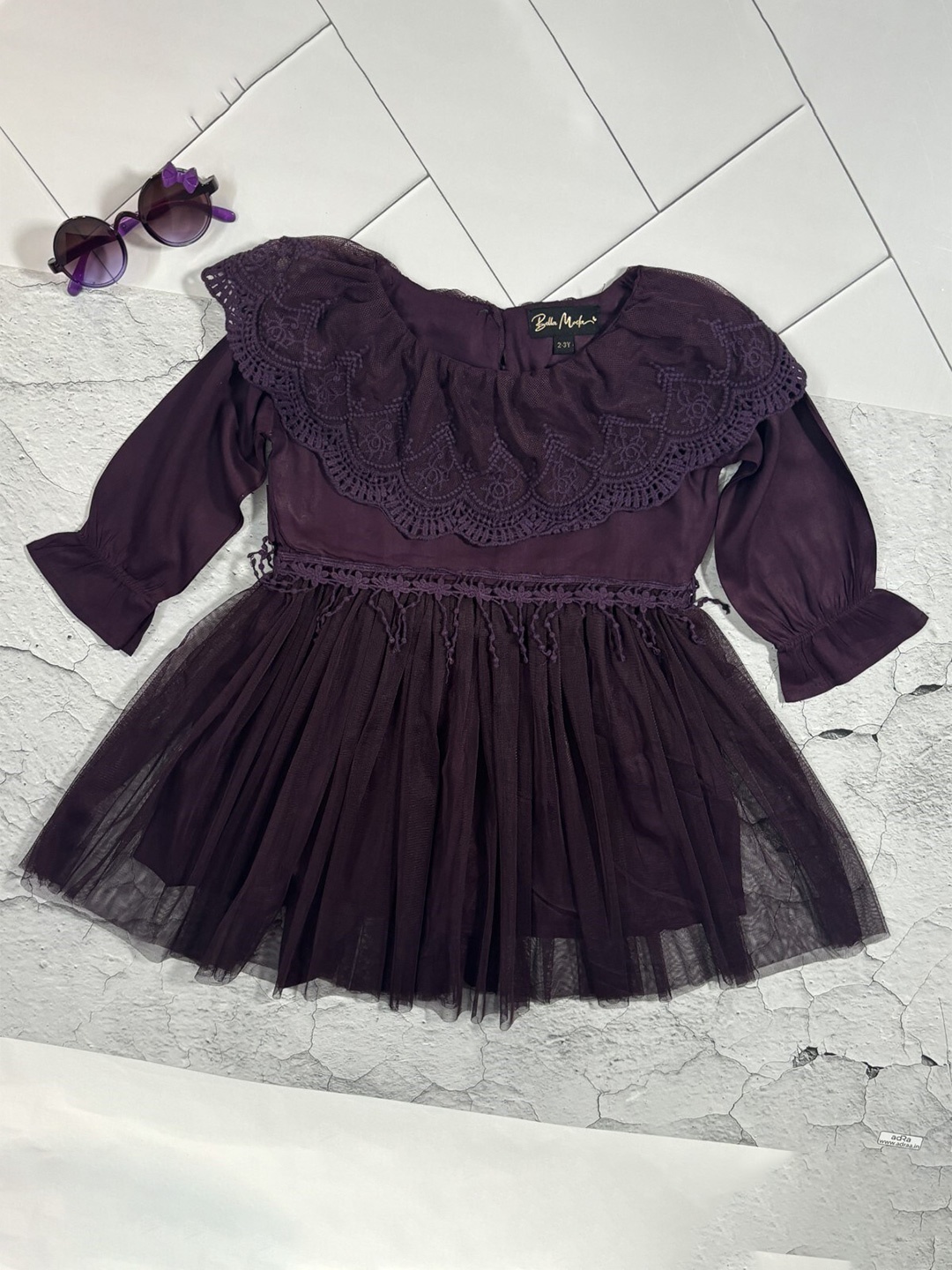 

Bella Moda Girls Self Design Satin Round Neck Long Sleeves Fit & Flare Casual Dress, Coffee brown