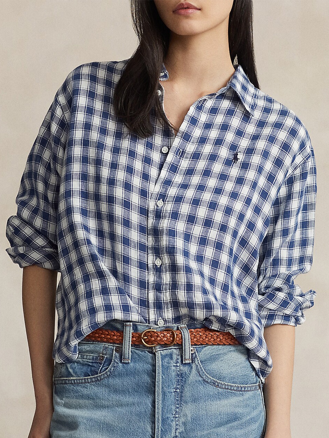 Polo Ralph Lauren Checked Linen Oversized Shirt, Blue