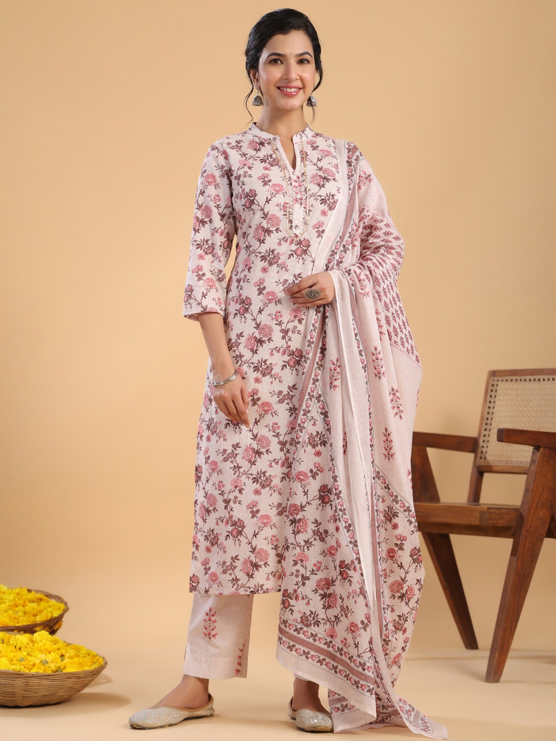 

Janasya Ethnic Motifs Printed Regular Pure Cotton Straight Kurta with Trousers & Dupatta, White