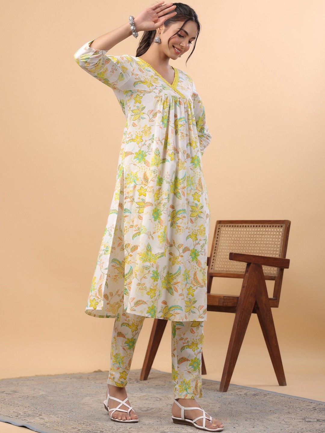 

Janasya Floral Printed V-Neck Pure Cotton Pleated A-Line Kurta with Trousers, White