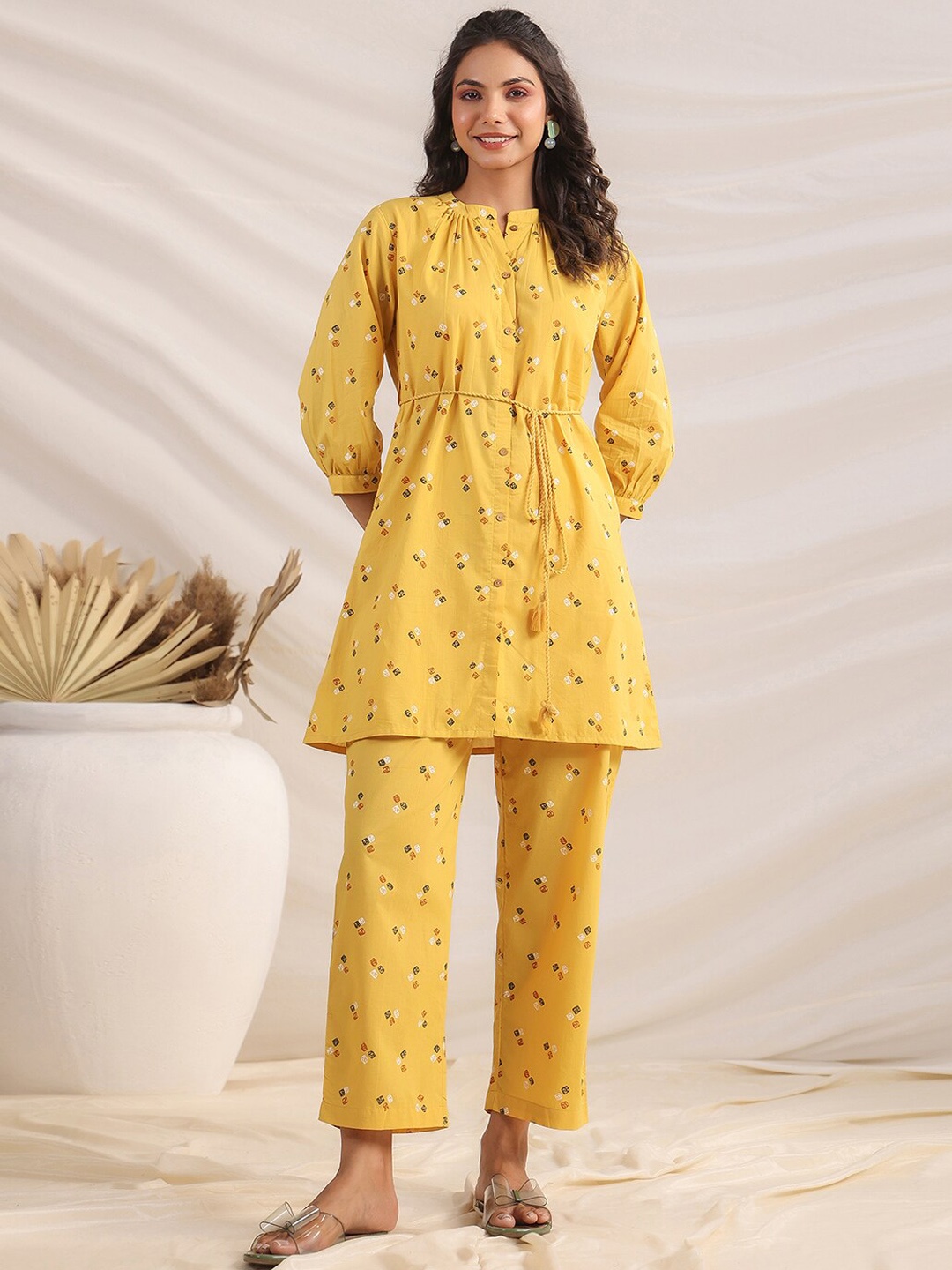 

Janasya Women Printed Pure Cotton Tunic & Trousers Co Ord Set, Mustard