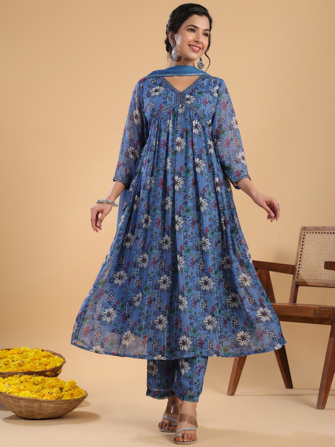 

Janasya Floral Printed Anarkali Kurta with Trousers & Dupatta, Blue