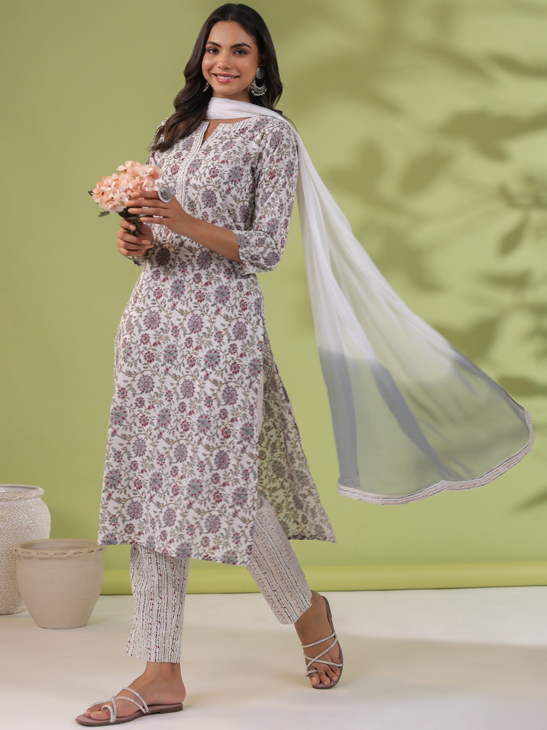 

Janasya Floral Printed Pure Cotton Straight Kurta with Trousers & Dupatta, White