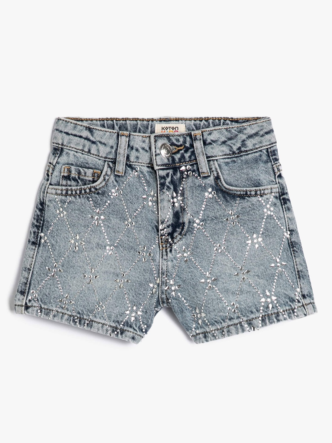 

Koton Girls Washed Embellished Pure Cotton Denim Shorts, Blue