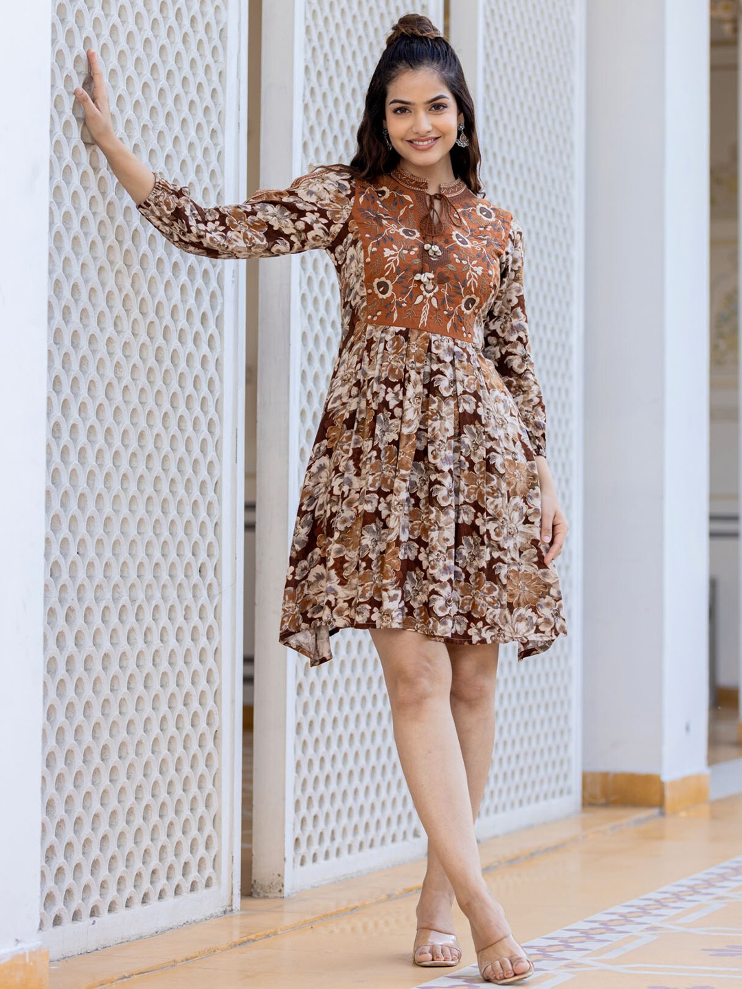 

FASHION DWAR Floral Printed Tie-Up Neck Flared Fit & Flare Dress, Brown