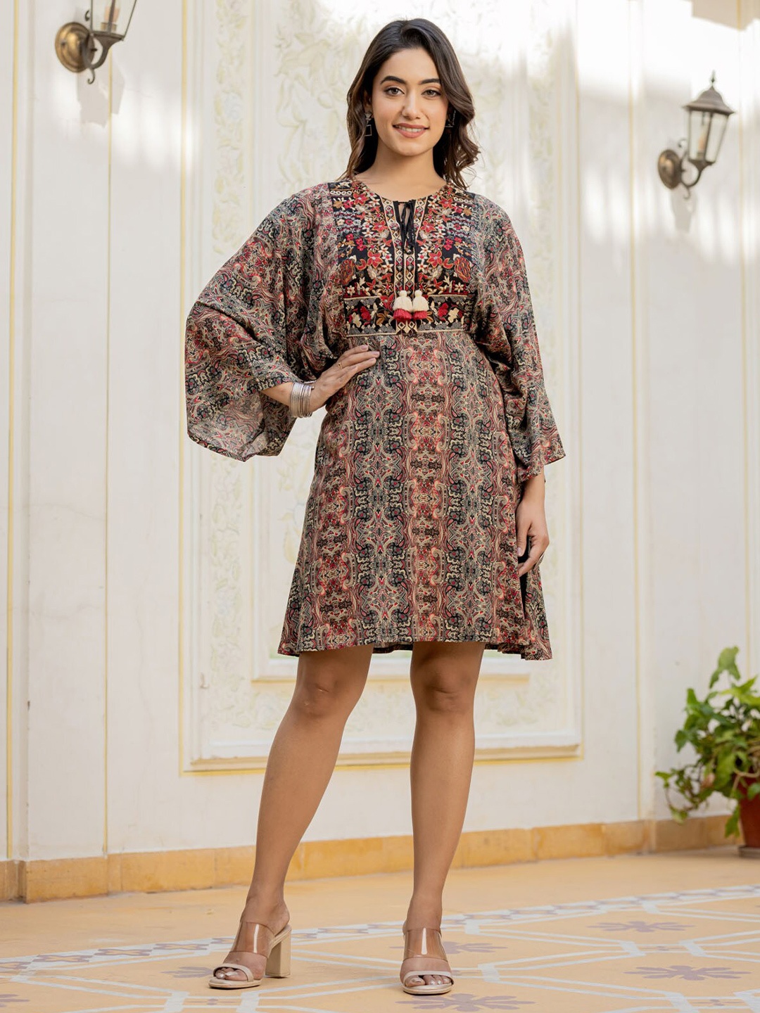 

FASHION DWAR Ethnic Motifs Printed Flared A-Line Dress, Brown