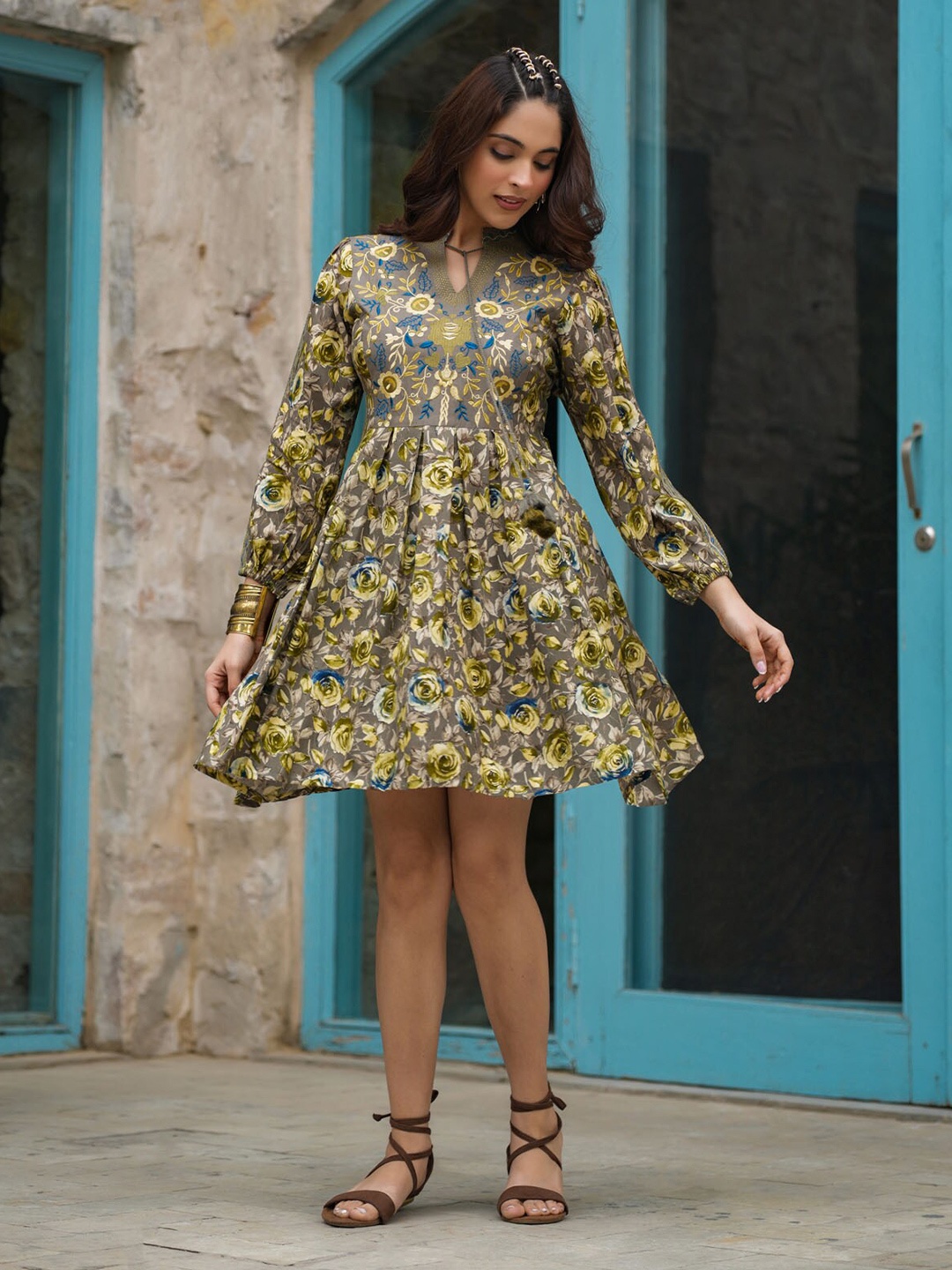 

FASHION DWAR Floral Print Tie-Up Neck Cotton A-Line Dress, Green