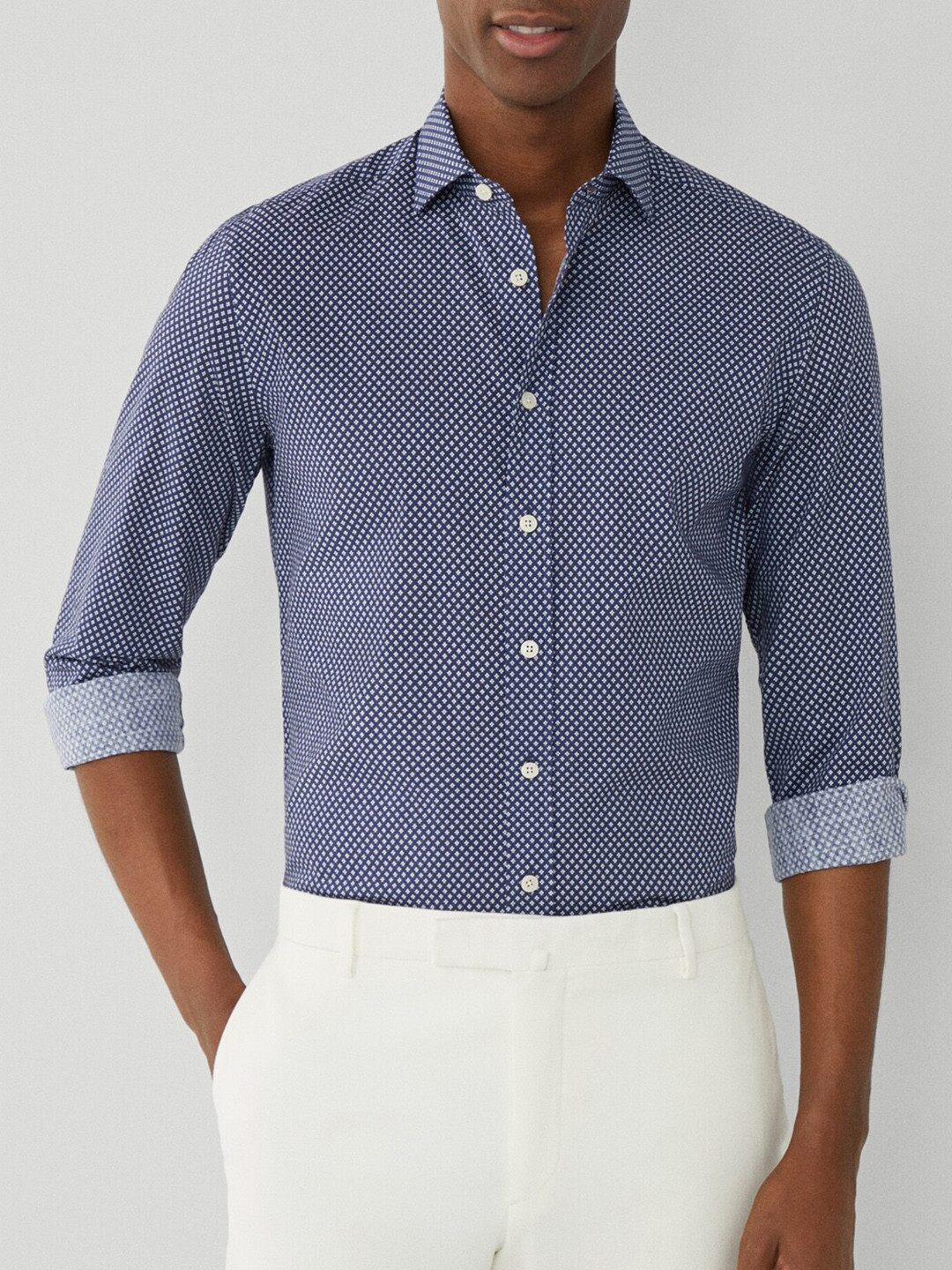 

HACKETT LONDON Slim Fit Micro Ditsy Printed Button Down Collar Pure Cotton Casual Shirt, Navy blue