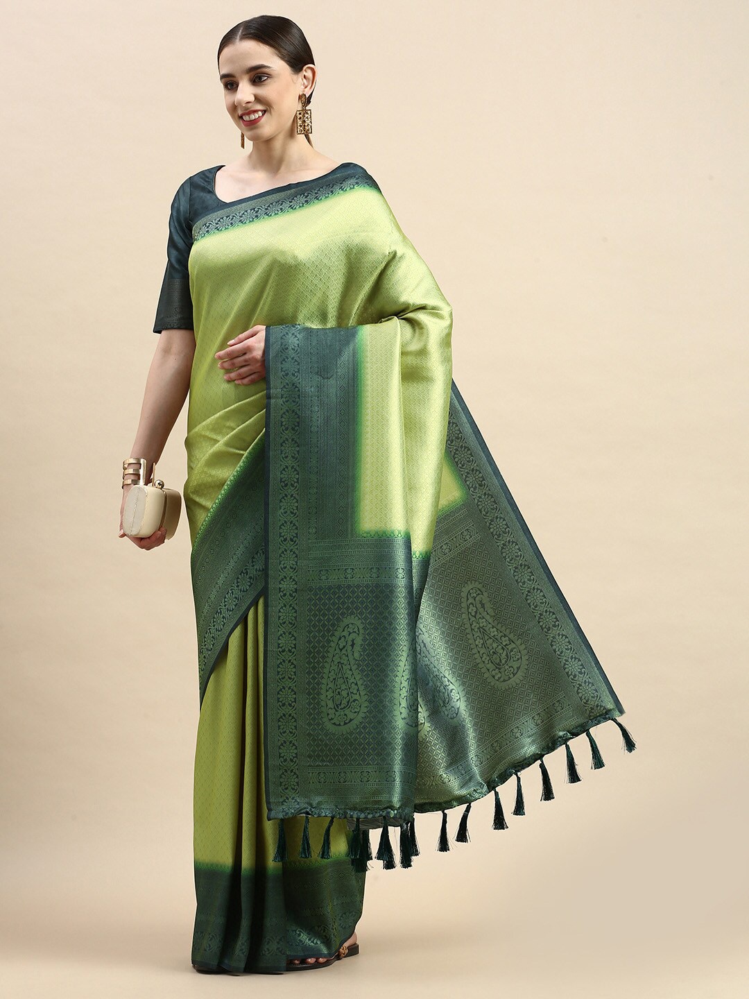 

PATLIPALLU Ethnic Motifs Zari Silk Blend Handloom Banarasi Saree, Green