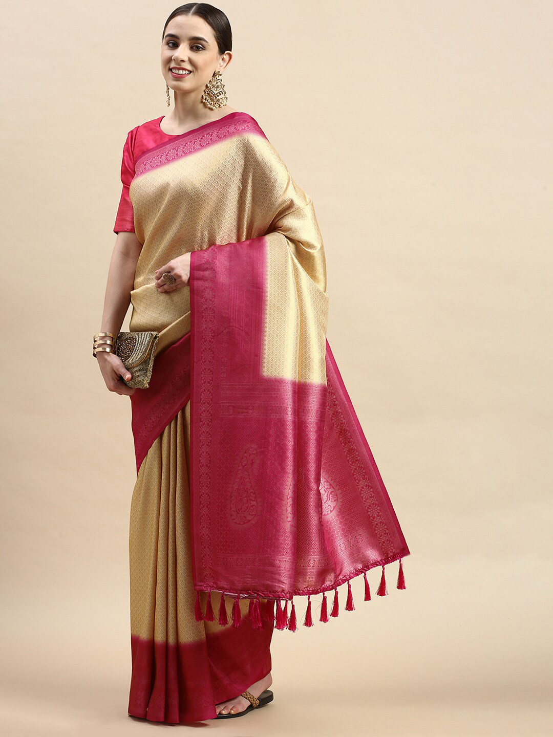 

PATLIPALLU Ethnic Motifs Zari Silk Blend Banarasi Saree, Cream