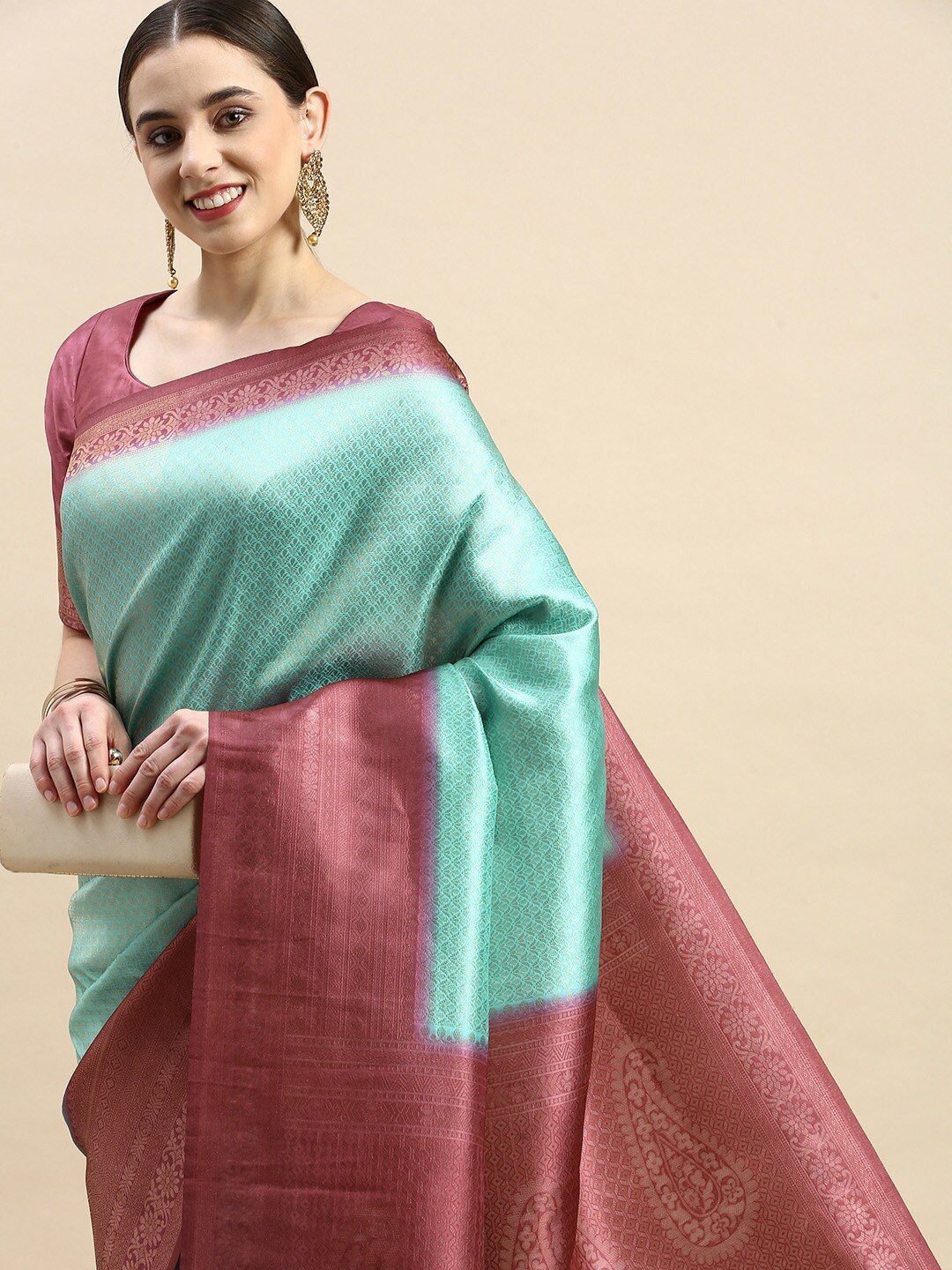 

PATLIPALLU Woven Design Zari Silk Blend Banarasi Saree, Blue