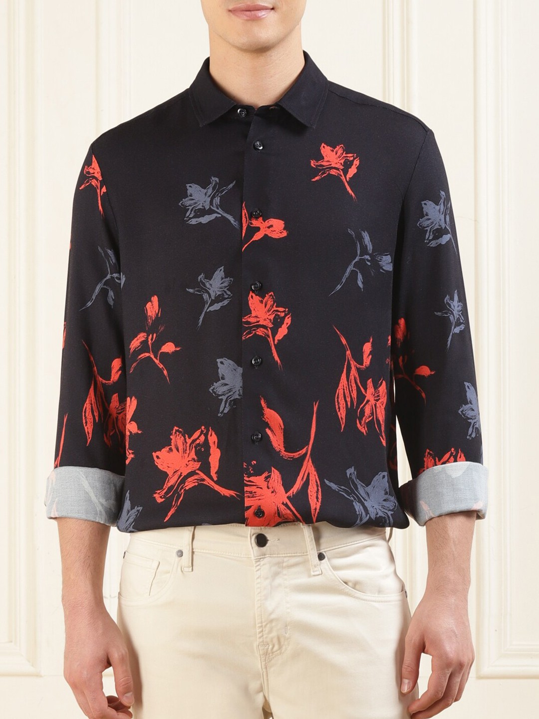 

HUGO Slim Fit Floral Printed Spread Collar Pure Cotton Casual Shirt, Black