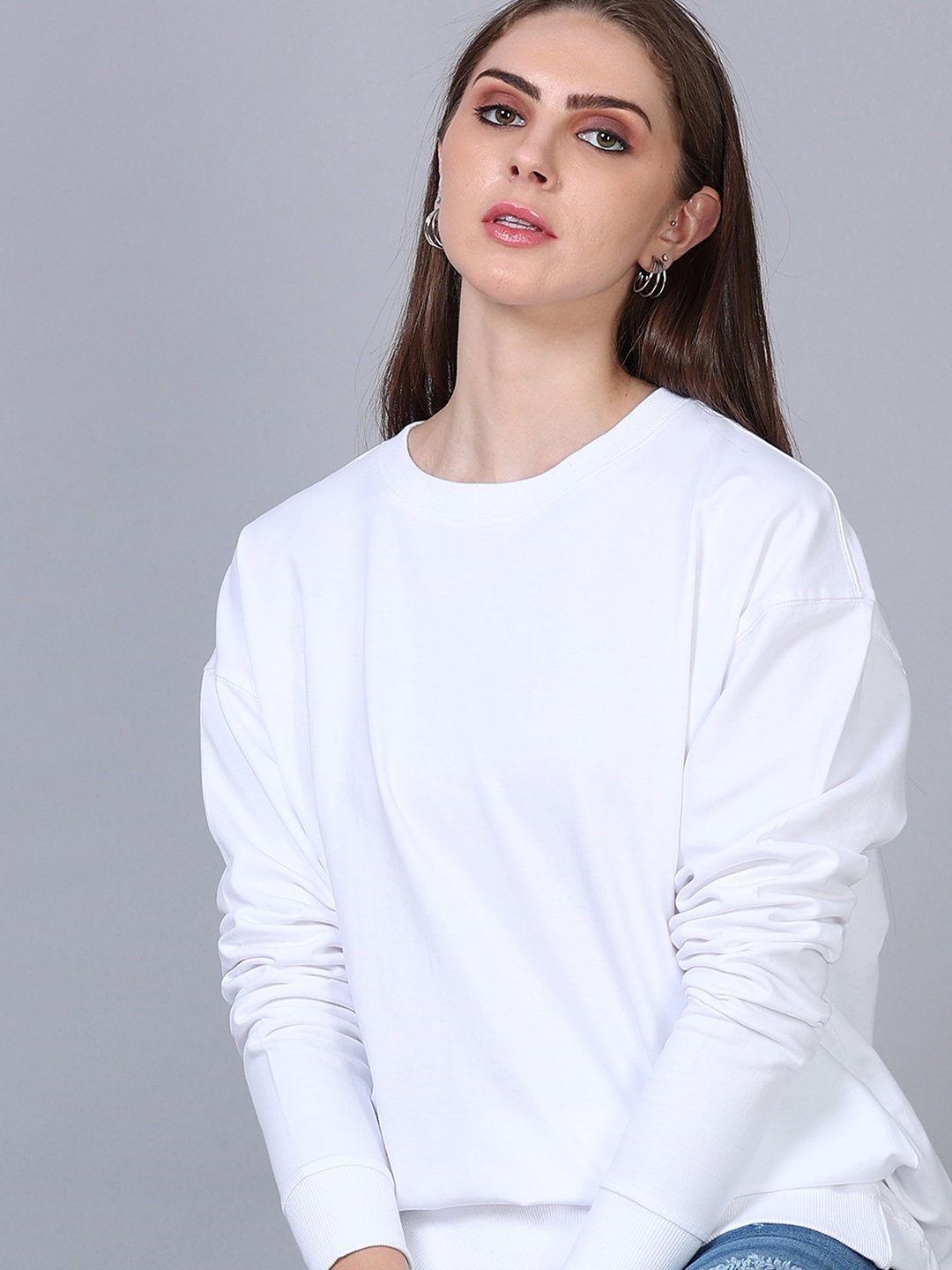 

SILISOUL Oversized Pure Cotton Full Sleeve T-Shirt, White