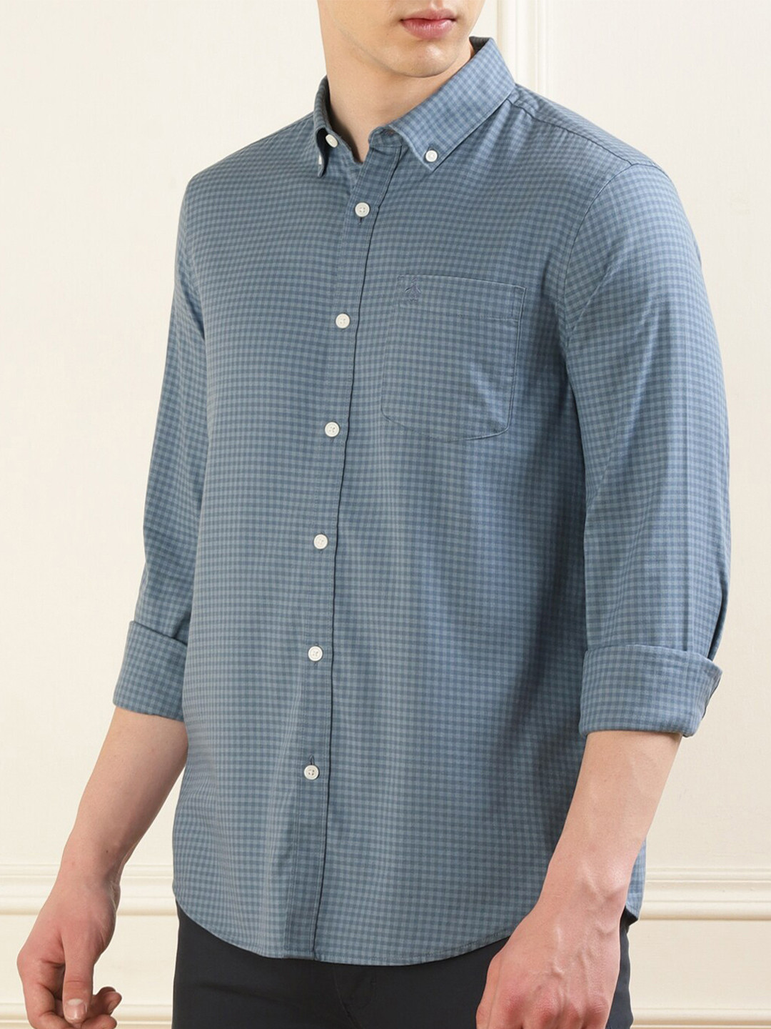 

Original Penguin Micro Checks Button-Down Collar Cotton Curved Slim Fit Casual Shirt, Blue