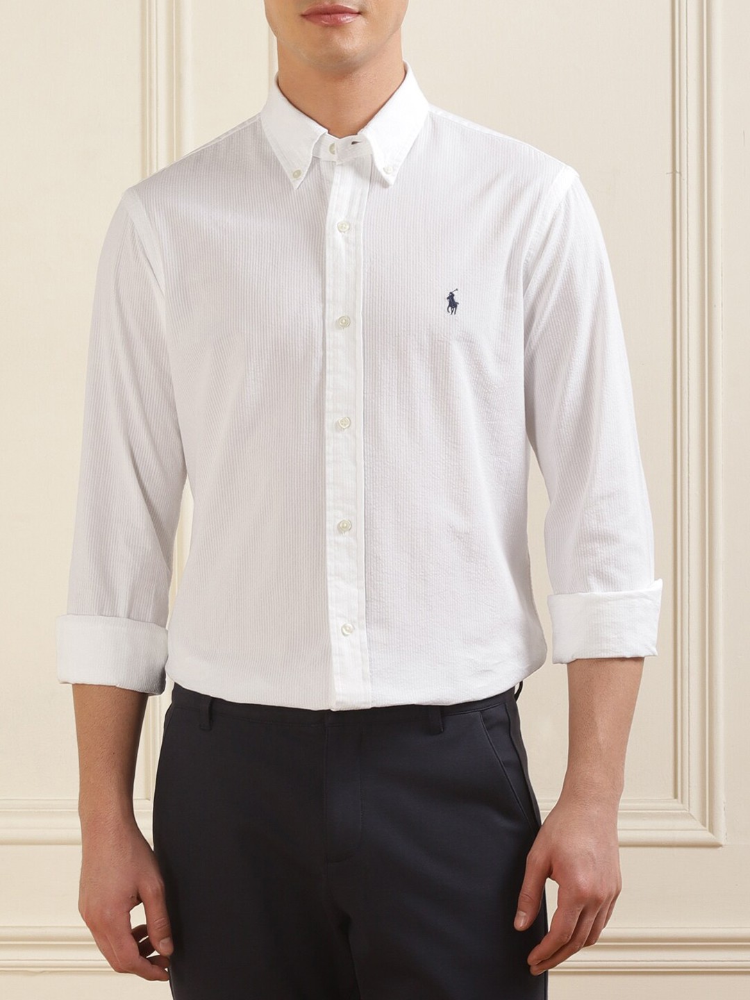 

Polo Ralph Lauren Striped Pure Cotton Slim-Fit Seersucker Formal Shirt, White