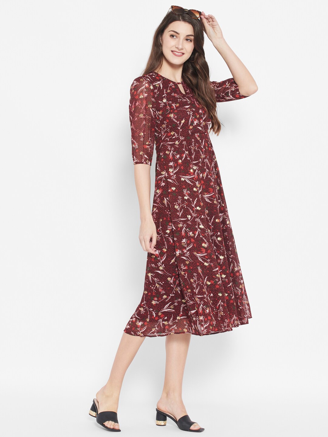 

HOUSE OF KKARMA Keyhole Neck Floral Print A-Line Midi Dress, Red