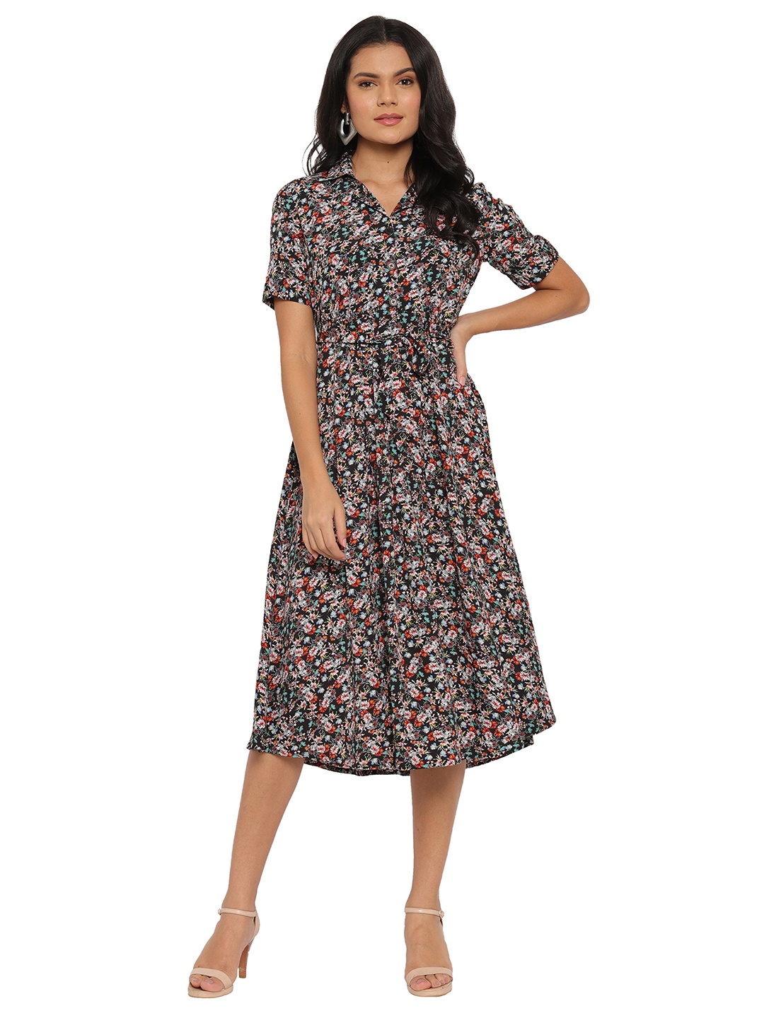 

HOUSE OF KKARMA Floral Print Shirt Collar Georgette A-Line Midi Dress, Black