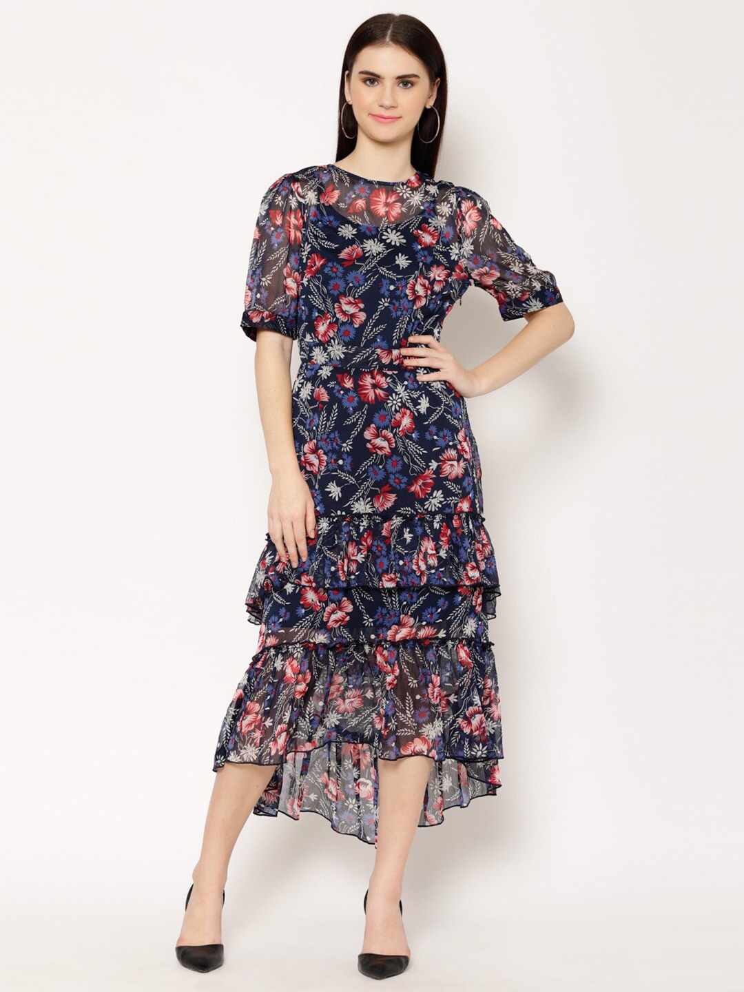 

HOUSE OF KKARMA Floral Print Round Neck Puff Sleeves Chiffon Fit & Flare Midi Dress, Navy blue