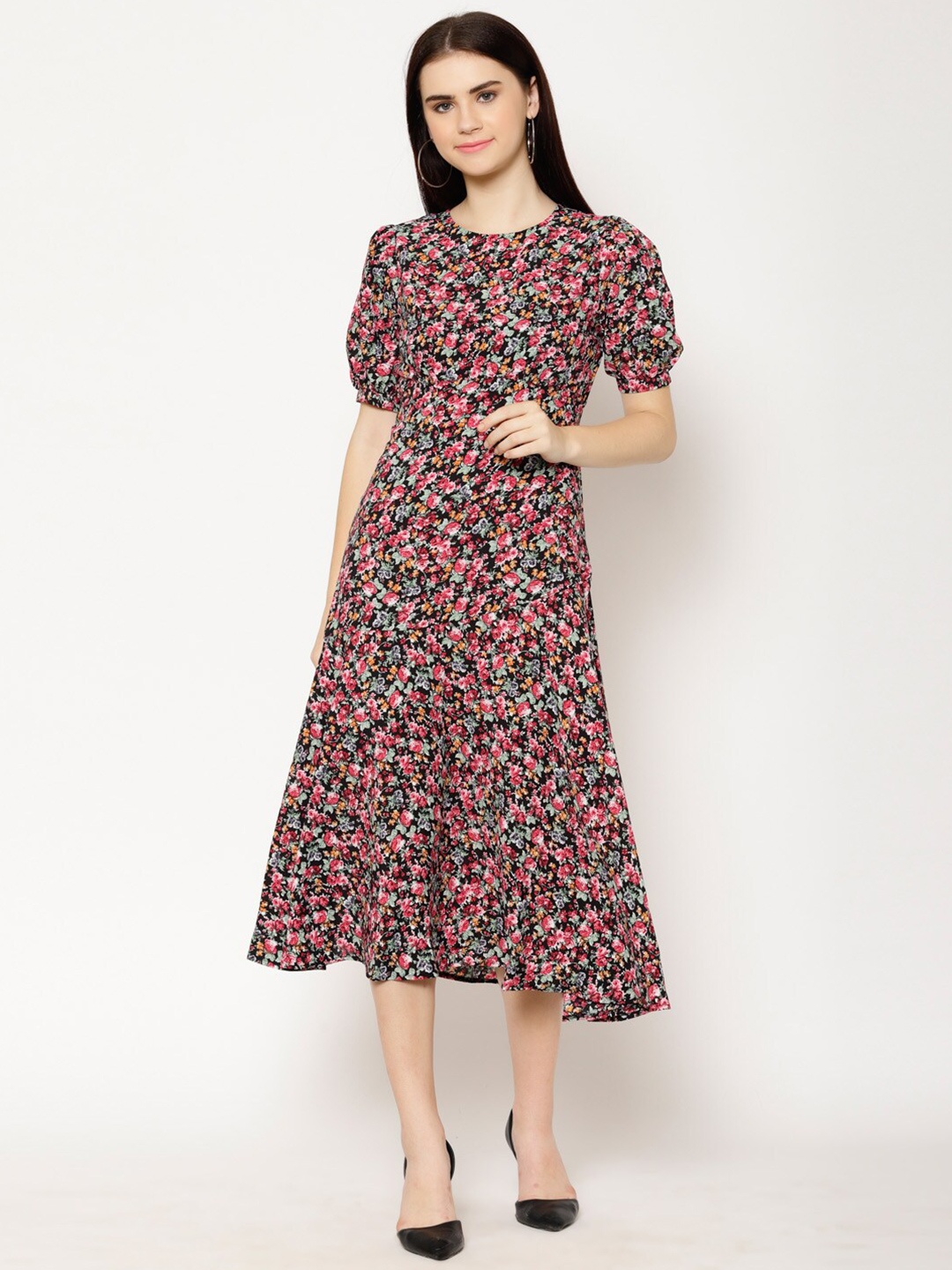 

HOUSE OF KKARMA Floral Print Round Neck Puff Sleeve Crepe Fit & Flare Midi Dress, Black