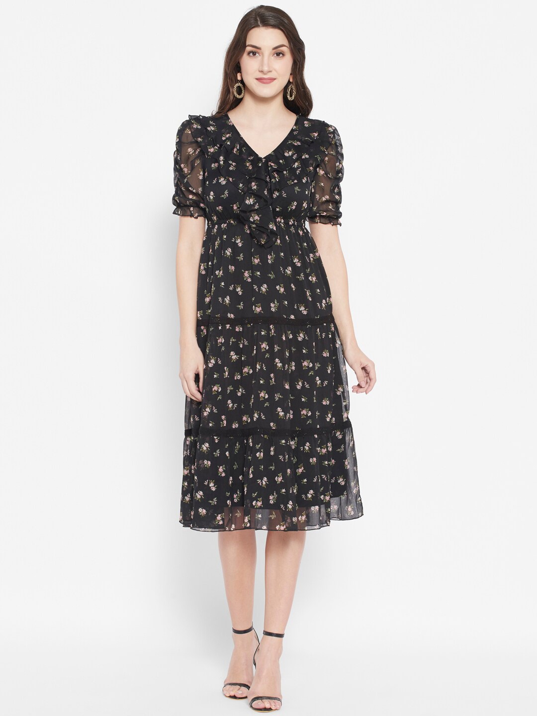 

HOUSE OF KKARMA V-Neck Floral Print Puff Sleeve Fit & Flare Midi Dress, Black