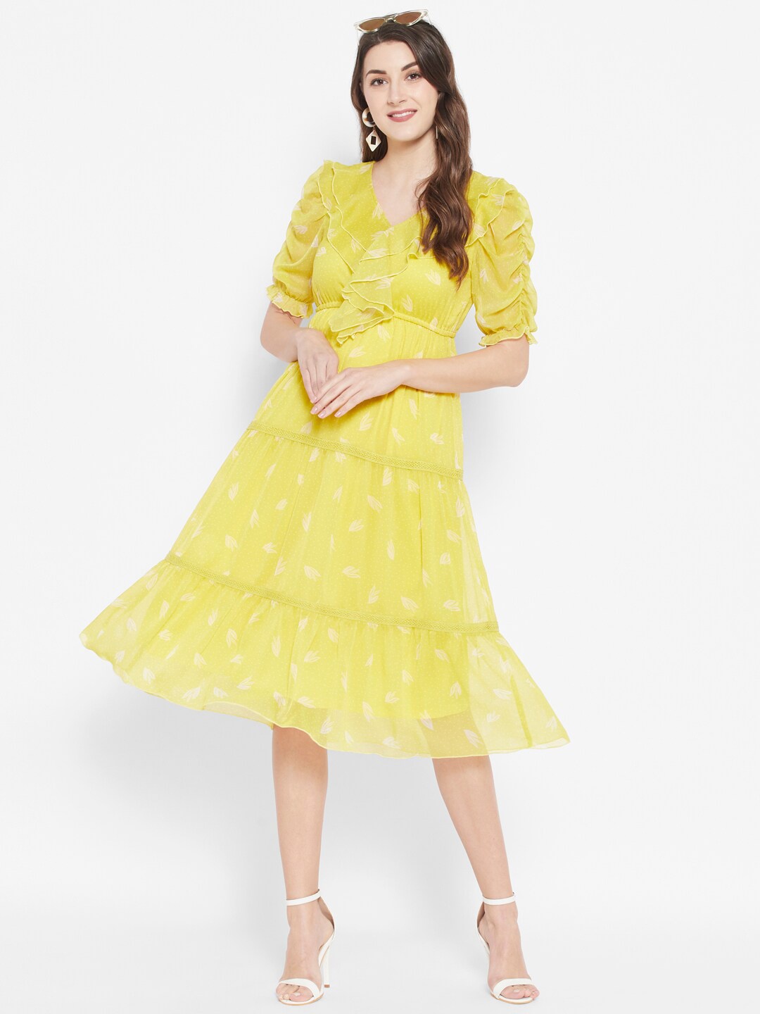 

HOUSE OF KKARMA Floral Print V-Neck Puff Sleeves Fit & Flare Midi Dress, Yellow