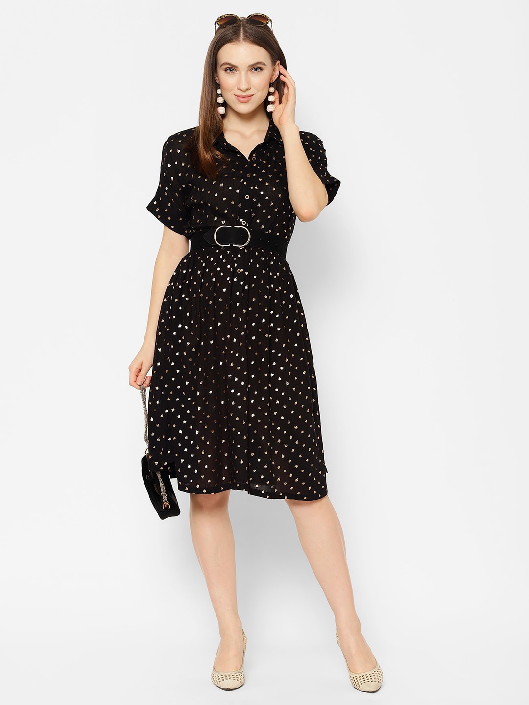

HOUSE OF KKARMA Polka Dot Print Shirt Dress, Black