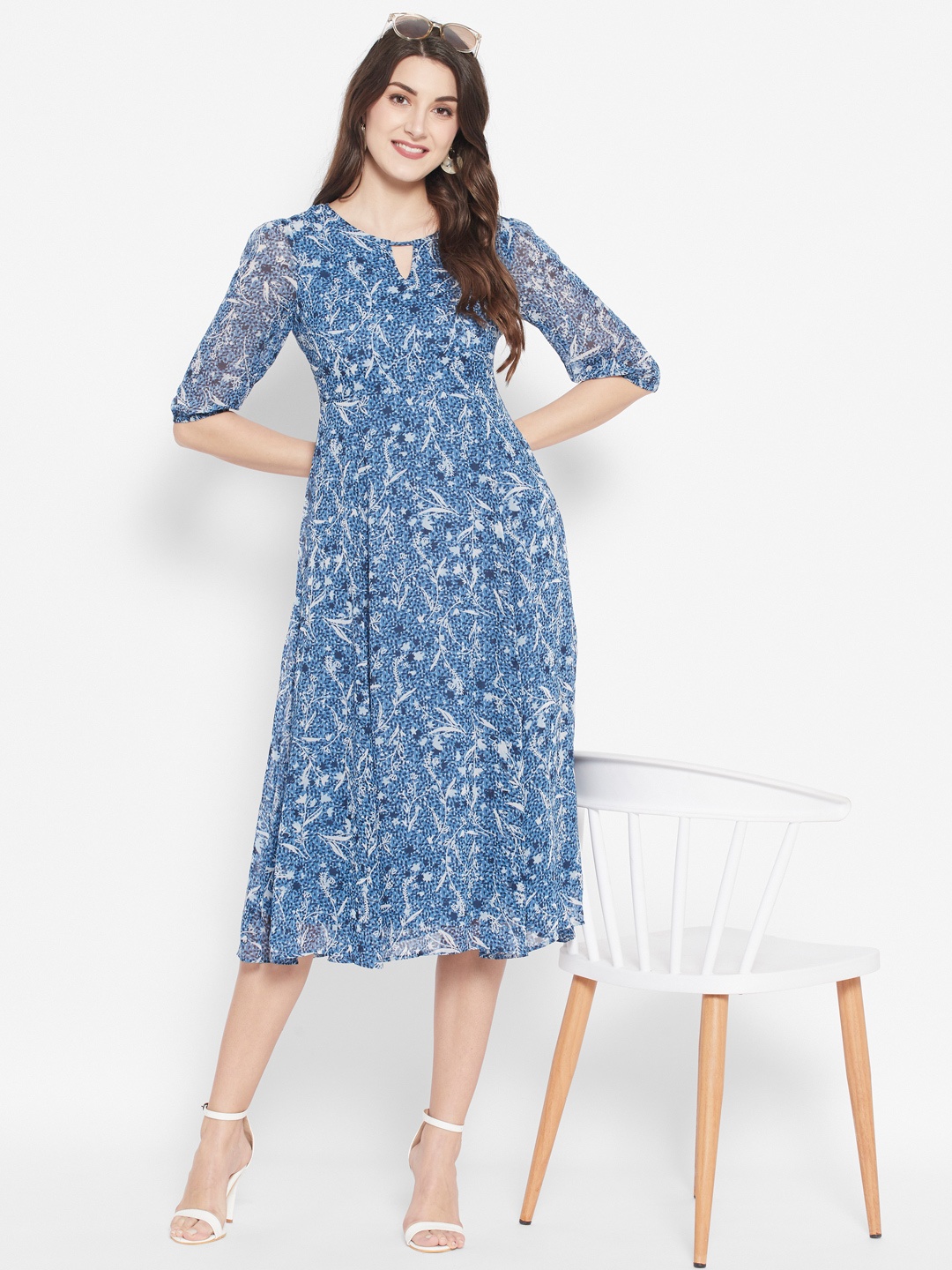 

HOUSE OF KKARMA Floral Print Keyhole Neck Fit & Flare Midi Dress, Blue