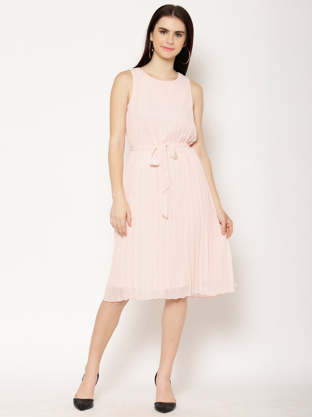 

HOUSE OF KKARMA Round Neck Gathered or Pleated Georgette Fit & Flare Dress, Pink